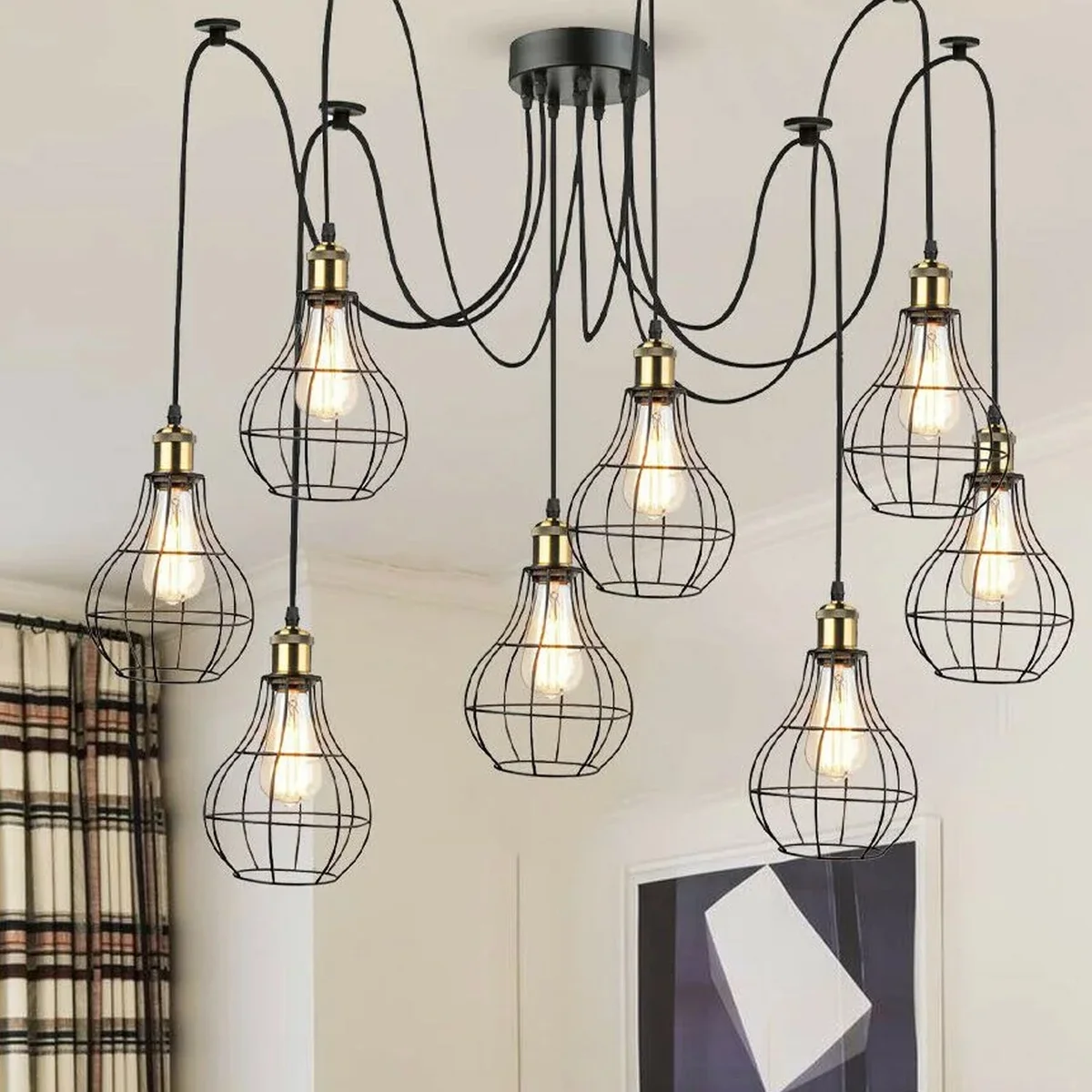 Black indoor spider pendant lights set with 8 metal E27 holders, 2m PVC cable, round 12 × 2.5 cm base, suitable for indoor/outdoor use