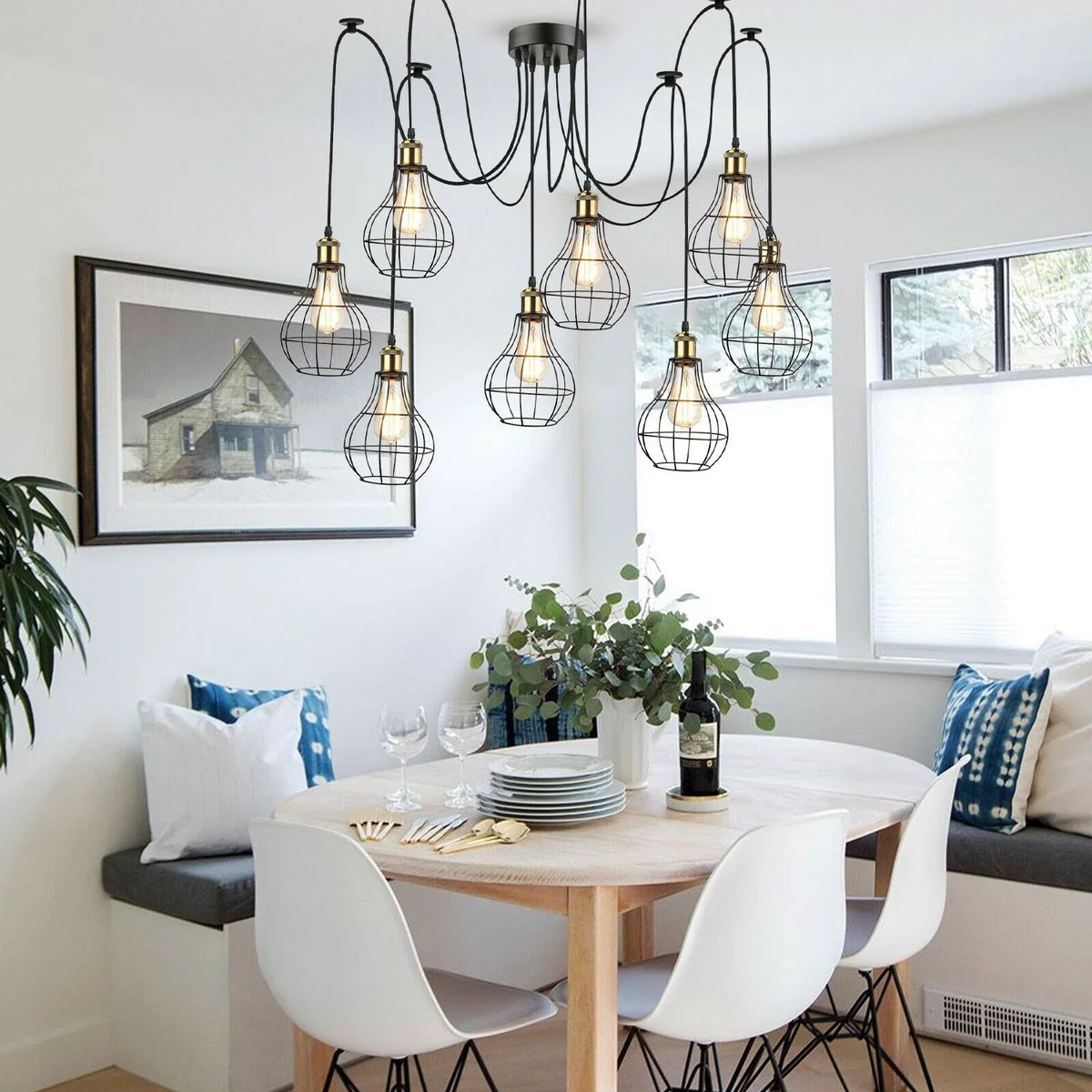 Eight black metal E27 pendant light holders with 2m PVC cable and round 12cm x 2.5cm ceiling plate included.