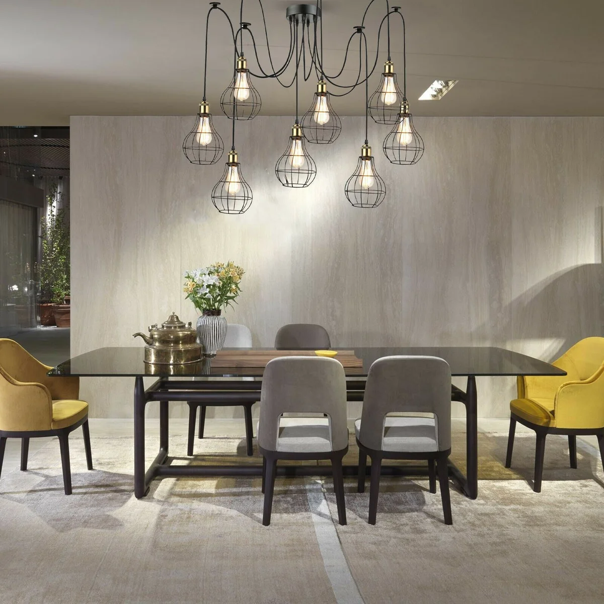 Set of eight black metal pendant lights with E27 sockets on a 12cm round base, connected by a 2m PVC cable