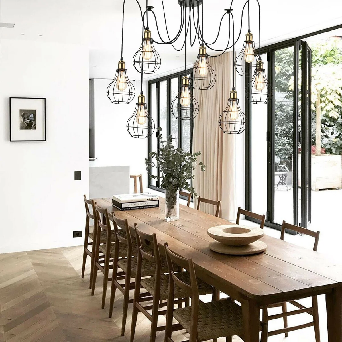 Black metal ceiling hanging lights with E27 socket holders, 2m PVC cable and base plate, suitable for indoor/outdoor use.