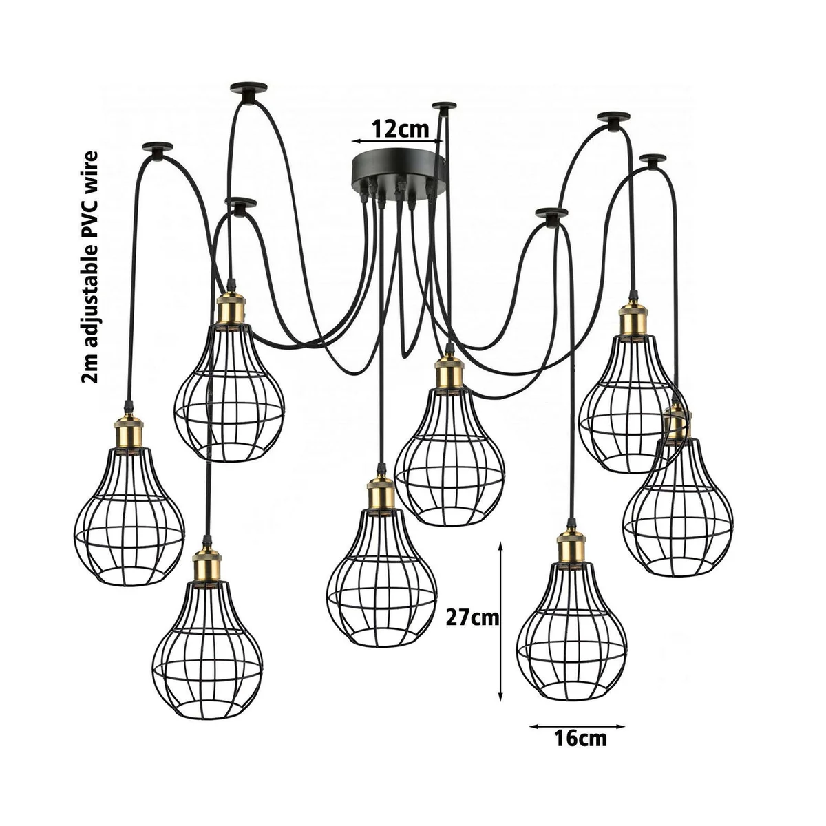 Black metal indoor spider pendant lights with eight E27 holders, 2m PVC cable, round brass base for indoor/outdoor use