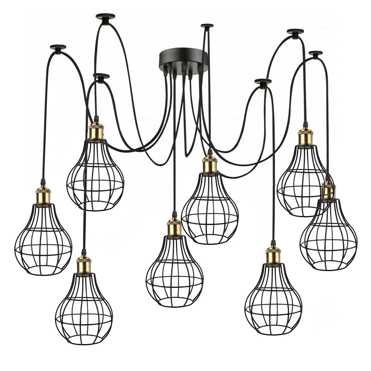 Black metal indoor spider pendant lights with 8 light cages, 2m PVC cable, hanging from a ceiling plate