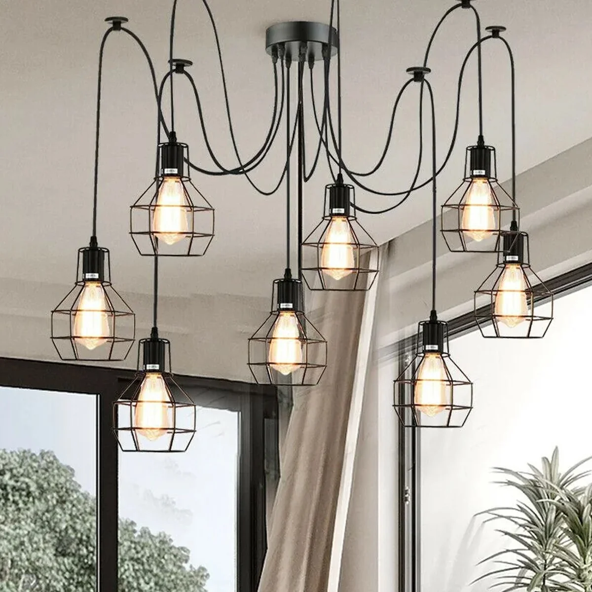 8 way spider pendant light in black metal hanging from ceiling, 2m cable.