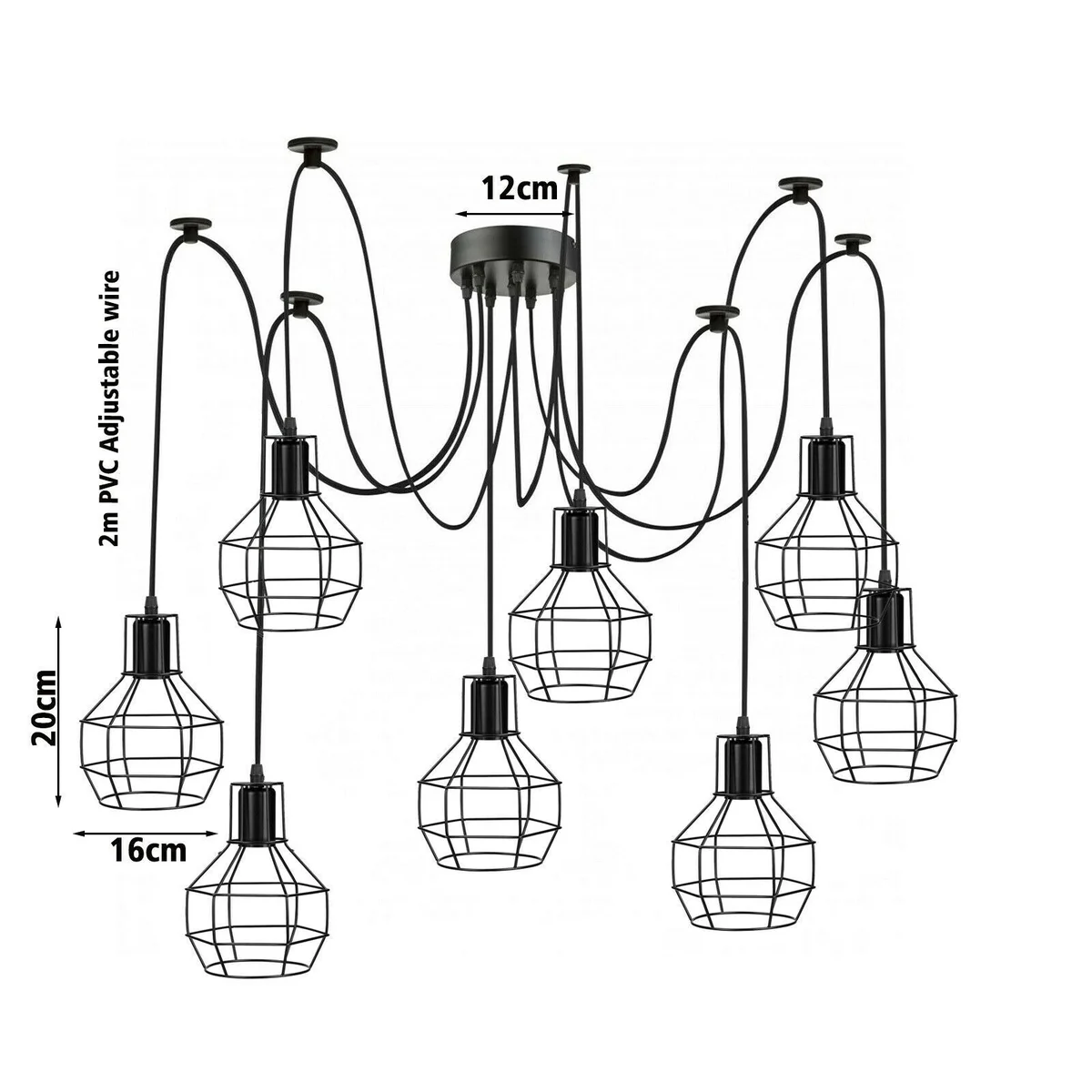 eight‑light spider ceiling pendant light, black and brushed copper, 2‑m PVC cable, metal cage design