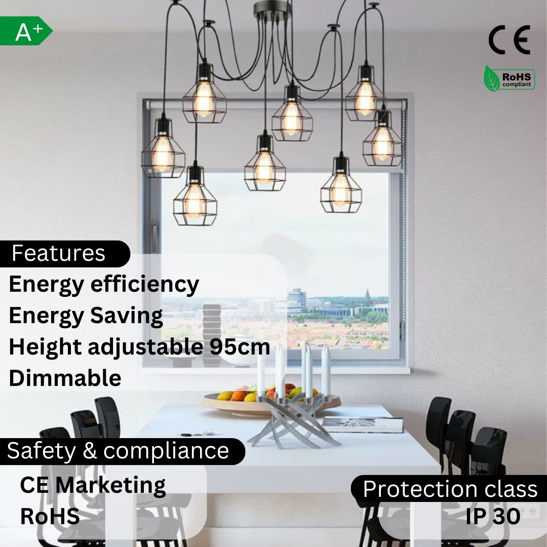 Black metal cage pendant light with eight exposed E27 holders, 2m PVC cable.