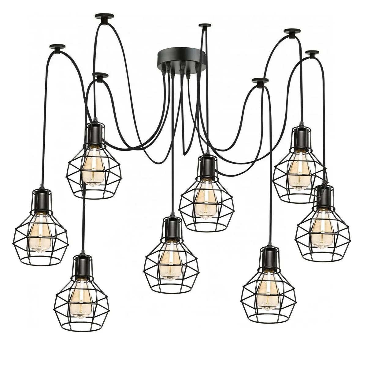 8-way spider ceiling pendant light in black with 2m cable, metal housing, E27 bases, round 12 cm plate