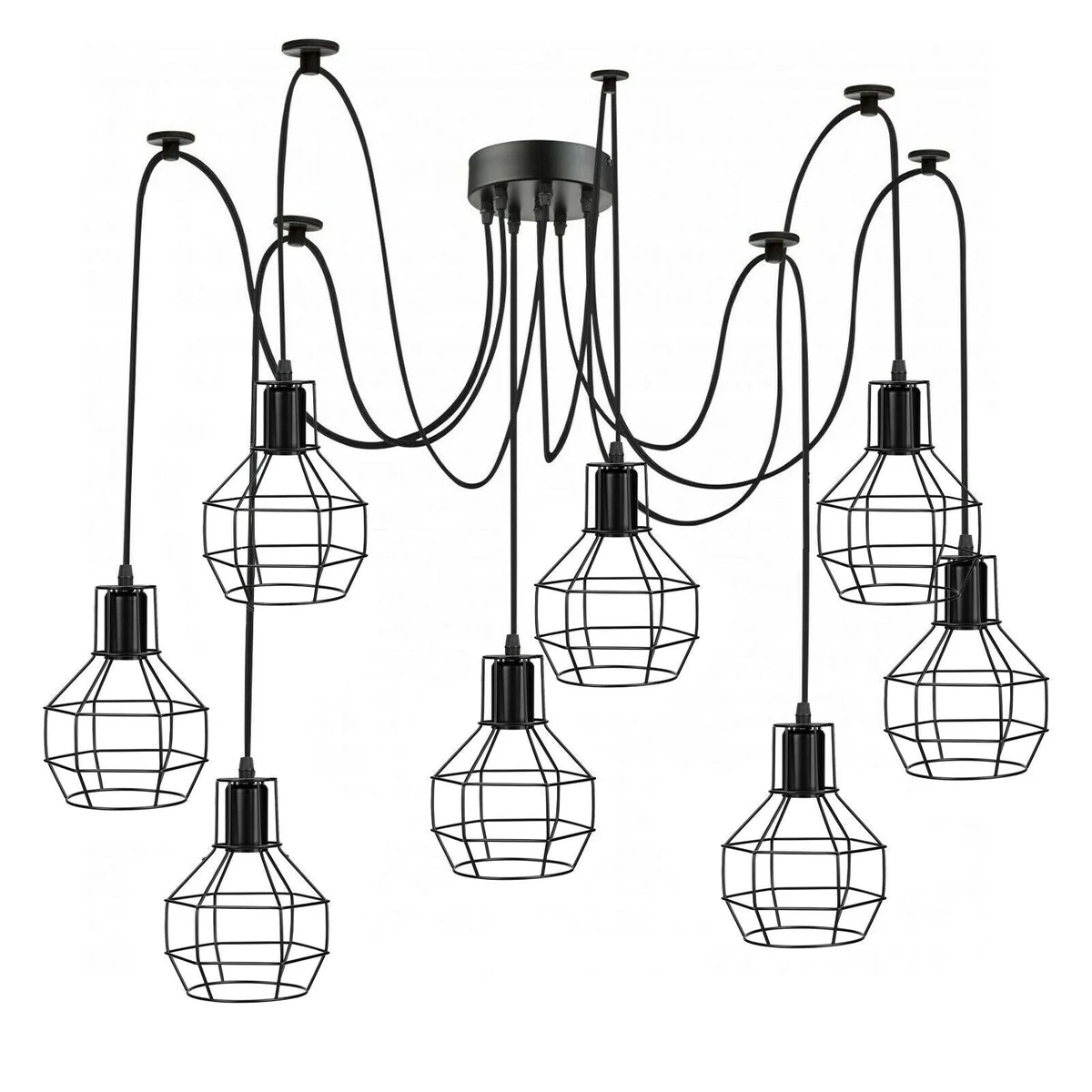 8 way spider pendant light with black metal frame, brushed copper twists, 2m PVC cable