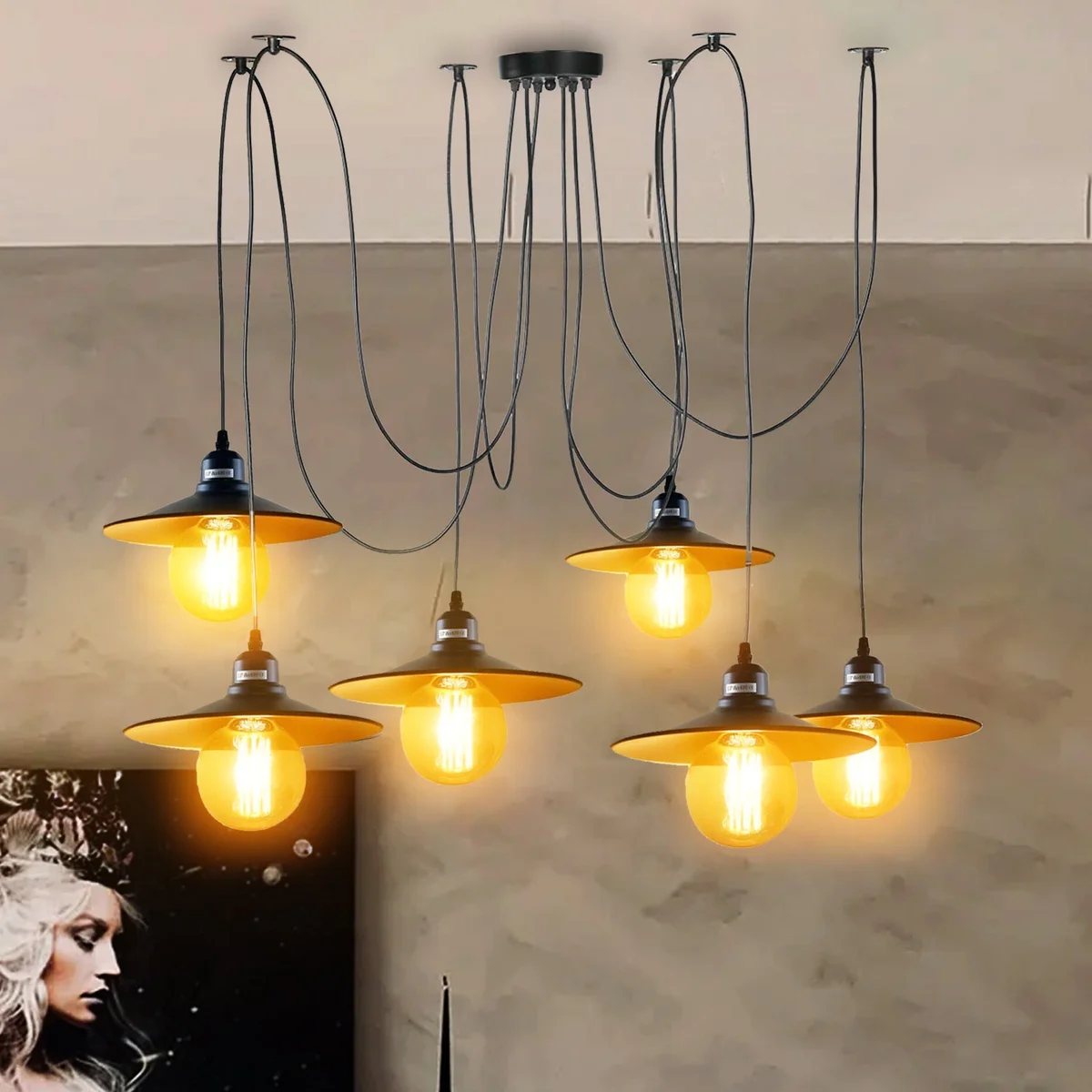 Industrial spider pendant light, matte black, six detachable strands with E27 lamp holders, hanging from a metal ceiling plate