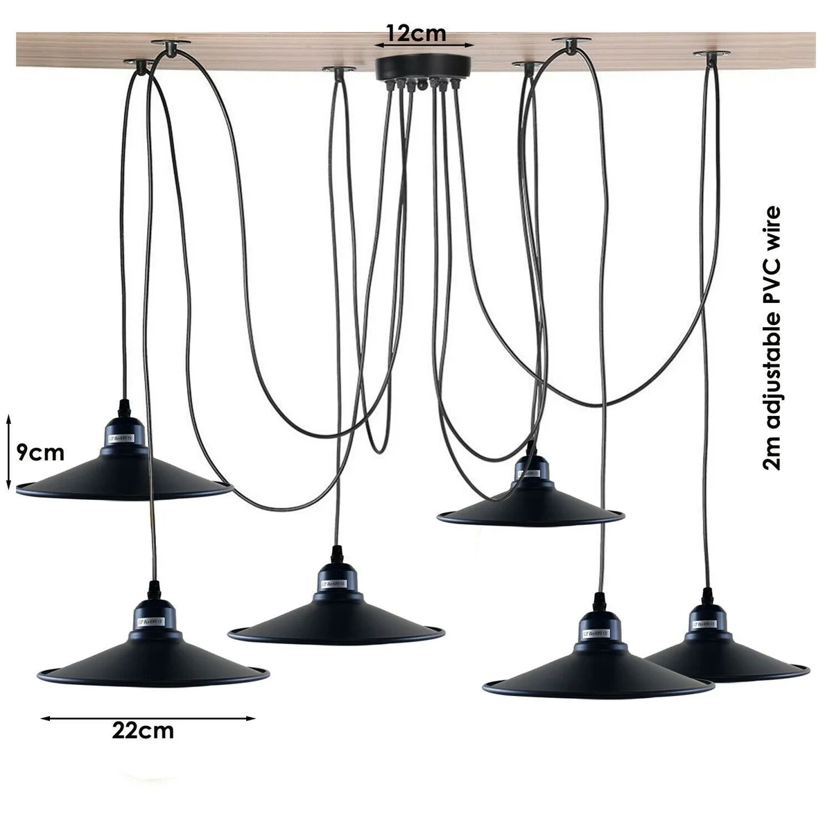 6 way pendant light with black metal shades and 2m adjustable cords, featuring six E27 holders for ceiling installation.