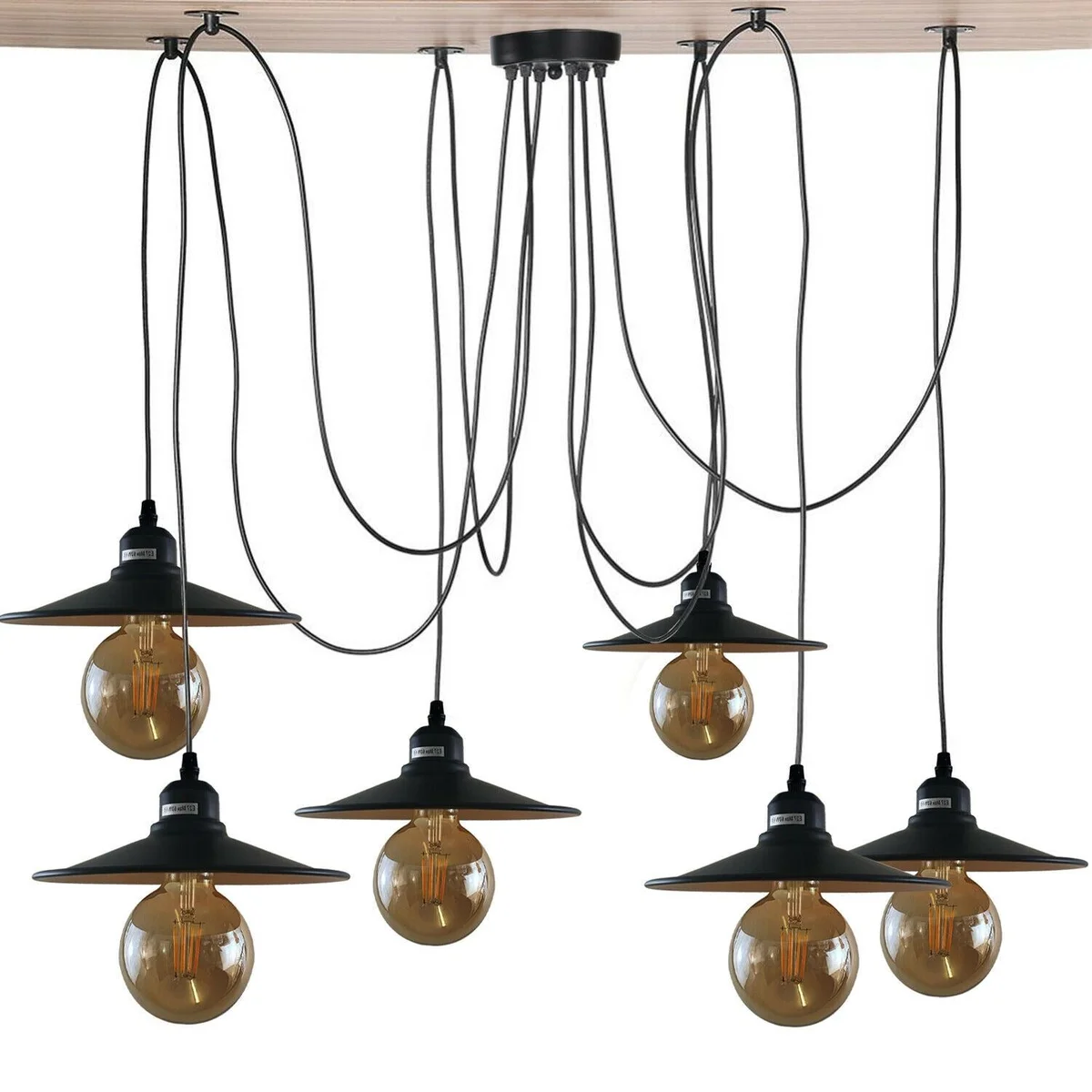 Industrial spider pendant matte black ceiling light with six adjustable metal shades, 6 E27 holders and 2m cables