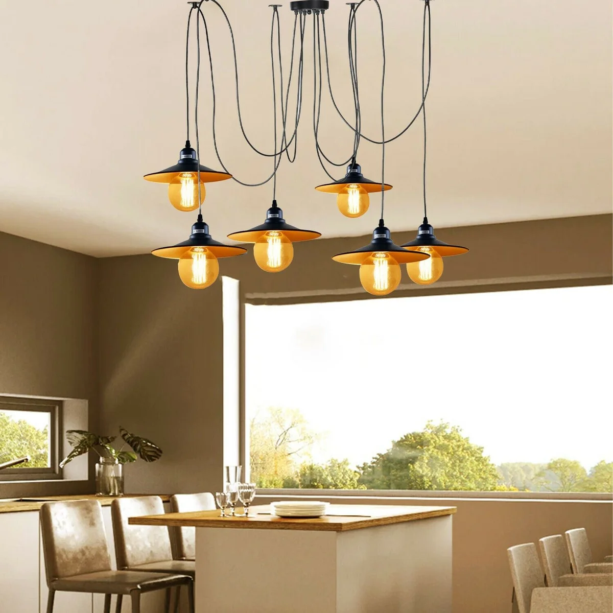 Industrial multi drop pendant light with six matte black metal shades and adjustable cables.