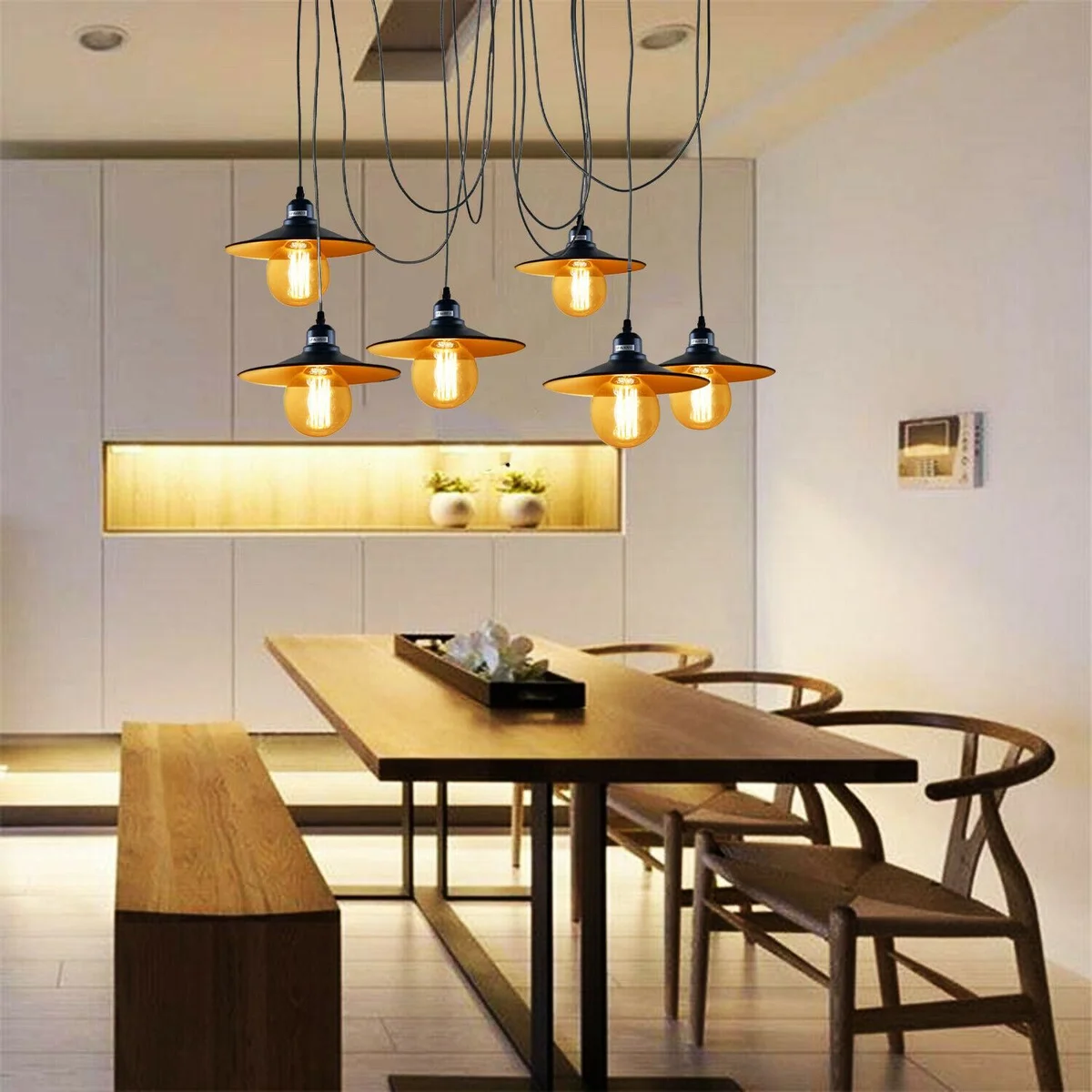 Industrial spider pendant light with 6 matte black metal shades, 6 E27 Edison screw lights, adjustable 2m cables.