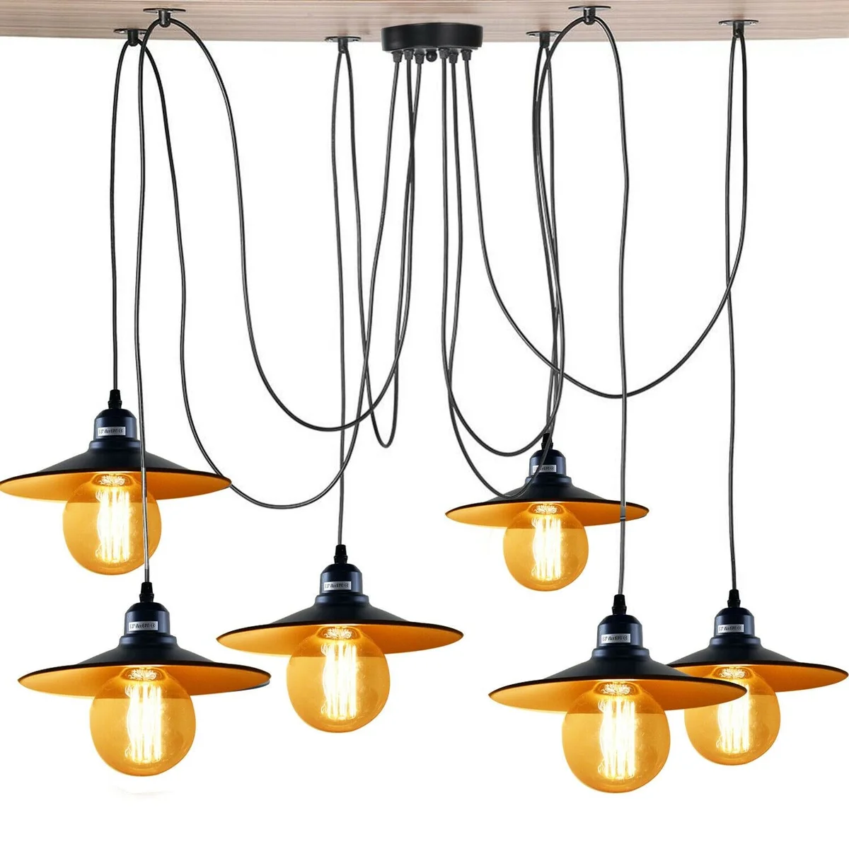 Industrial spider adjustable cable pendant with six matte black metal shades and 2m E27 lamps.