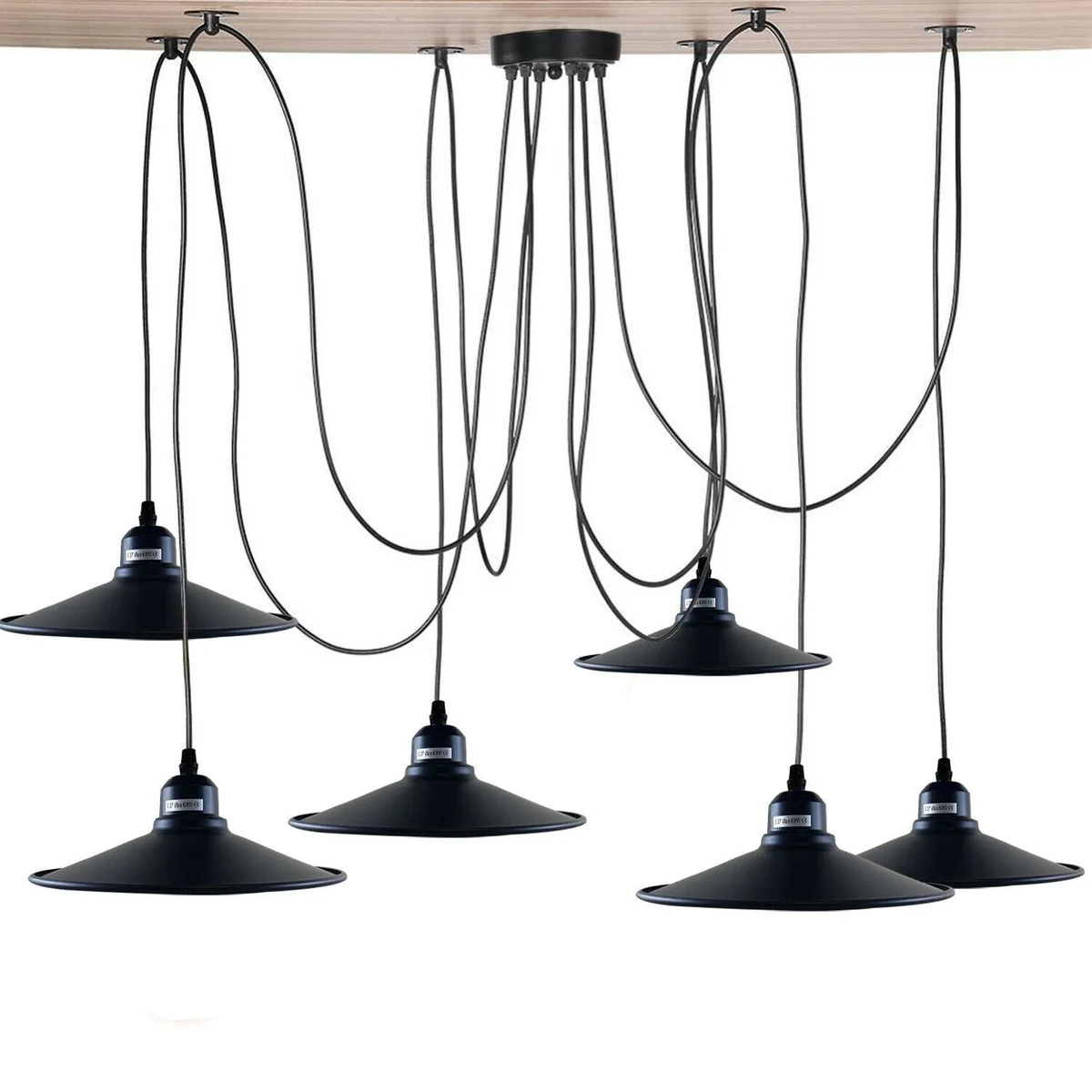 Industrial spider pendant light in matte black with six adjustable E27 LED lamps, cable hooks, and a 120mm ceiling plate