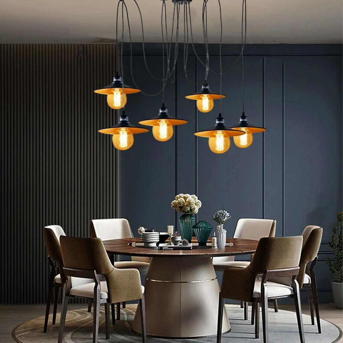 Industrial spider pendant light with six matte black metal shades, adjustable 2‑m cables and a 120mm ceiling plate.