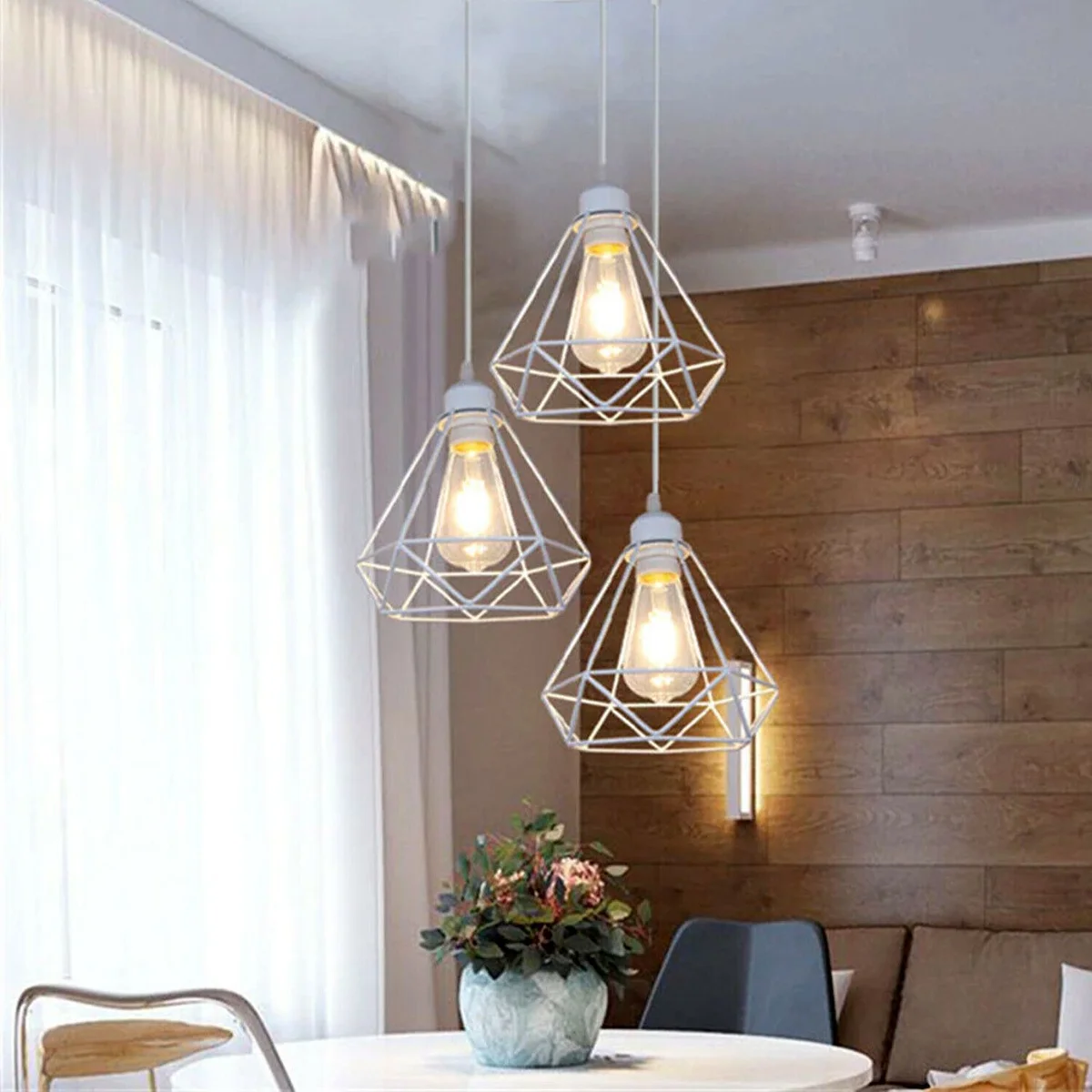 White vintage cage pendant light with diamond‑shaped metal cage, hanging from a ceiling, 3‑way E27 base.