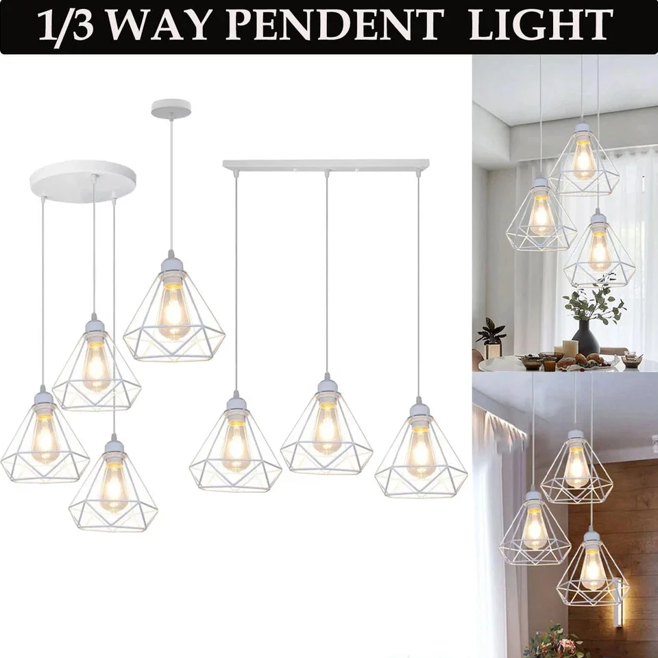 White diamond‑shaped industrial metal pendant light with metallic cage and PVC cord, 1/3 size, 95cm cable.