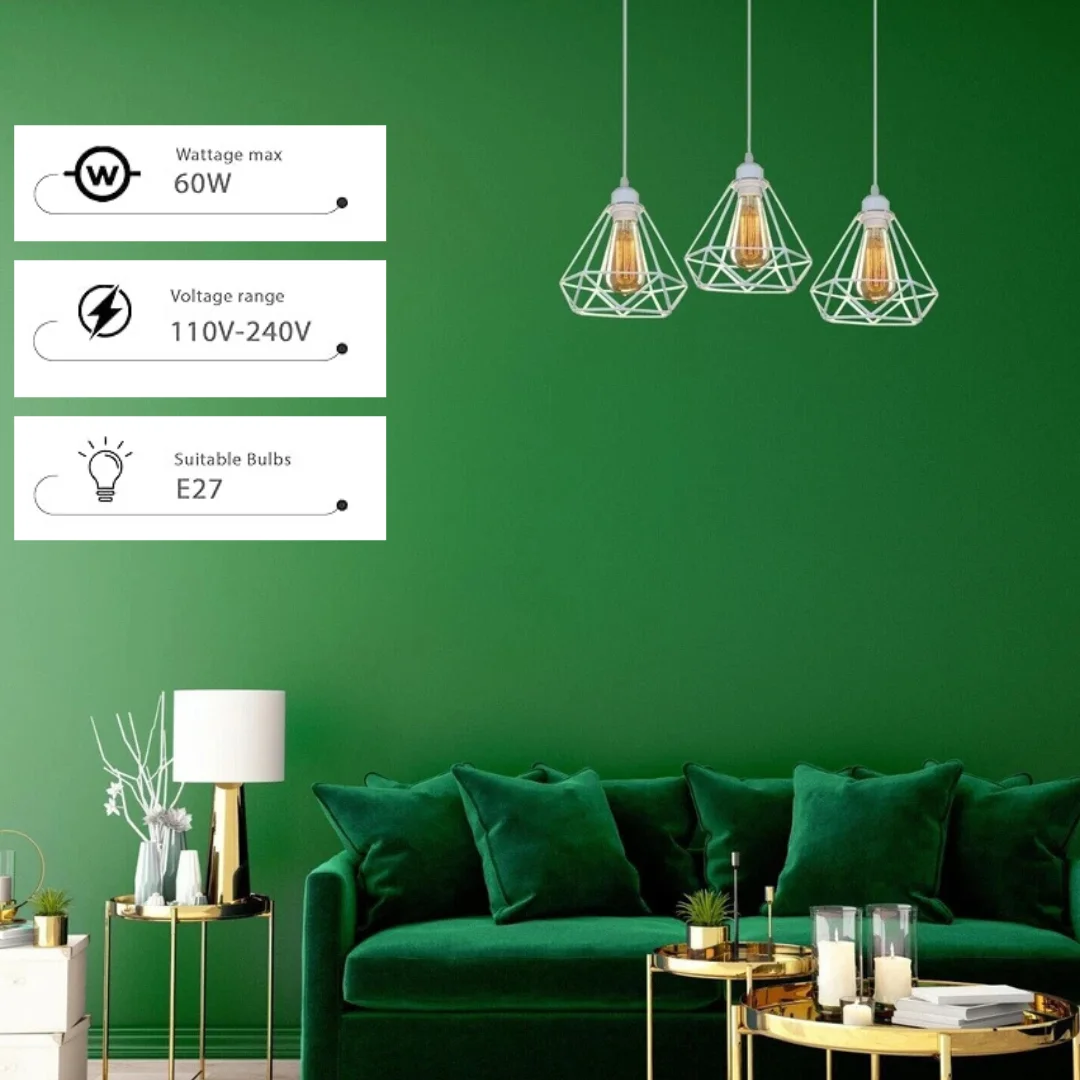 White diamond cage ceiling lamp with metal cage, 95cm PVC cable, modern industrial style.