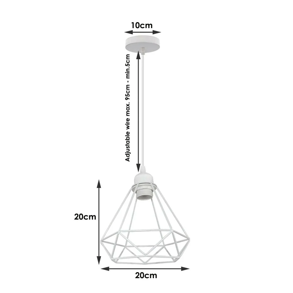 White diamond‑shaped metal cage pendant with PVC wire, 95 cm cable, retro pendant lighting in a living room setting.