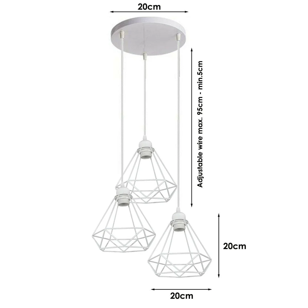 White diamond-shaped metal cage E27 bulb pendant light, hanging from the ceiling with industrial style.