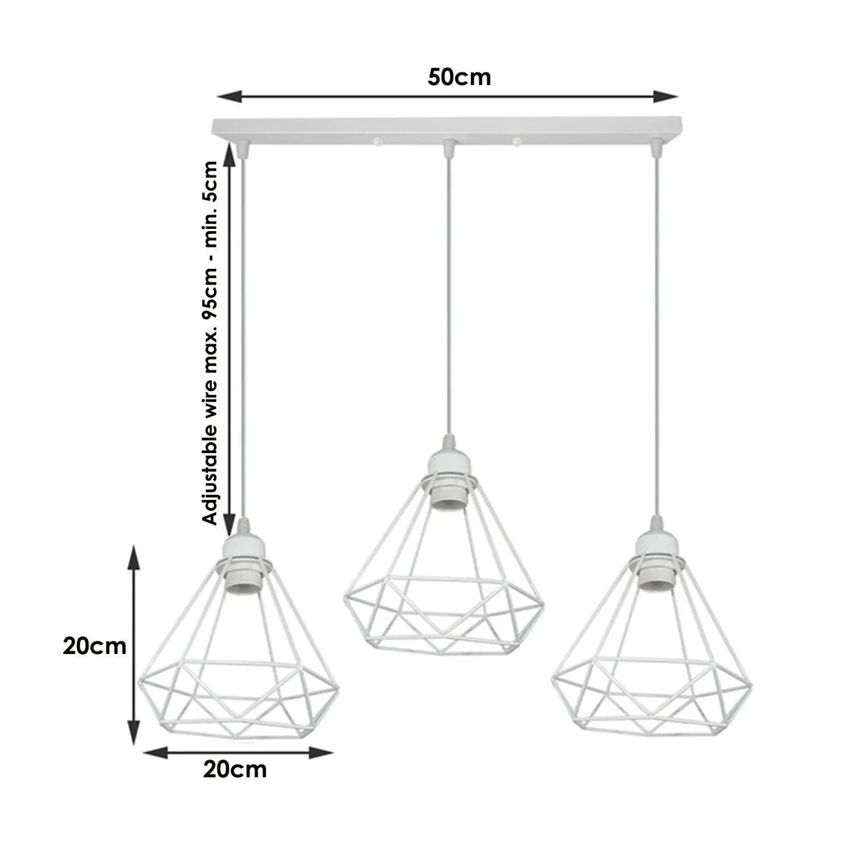 White metal pendant lamp featuring a diamond‑shaped metal cage with a 95cm white cable, hanging from a ceiling plate.