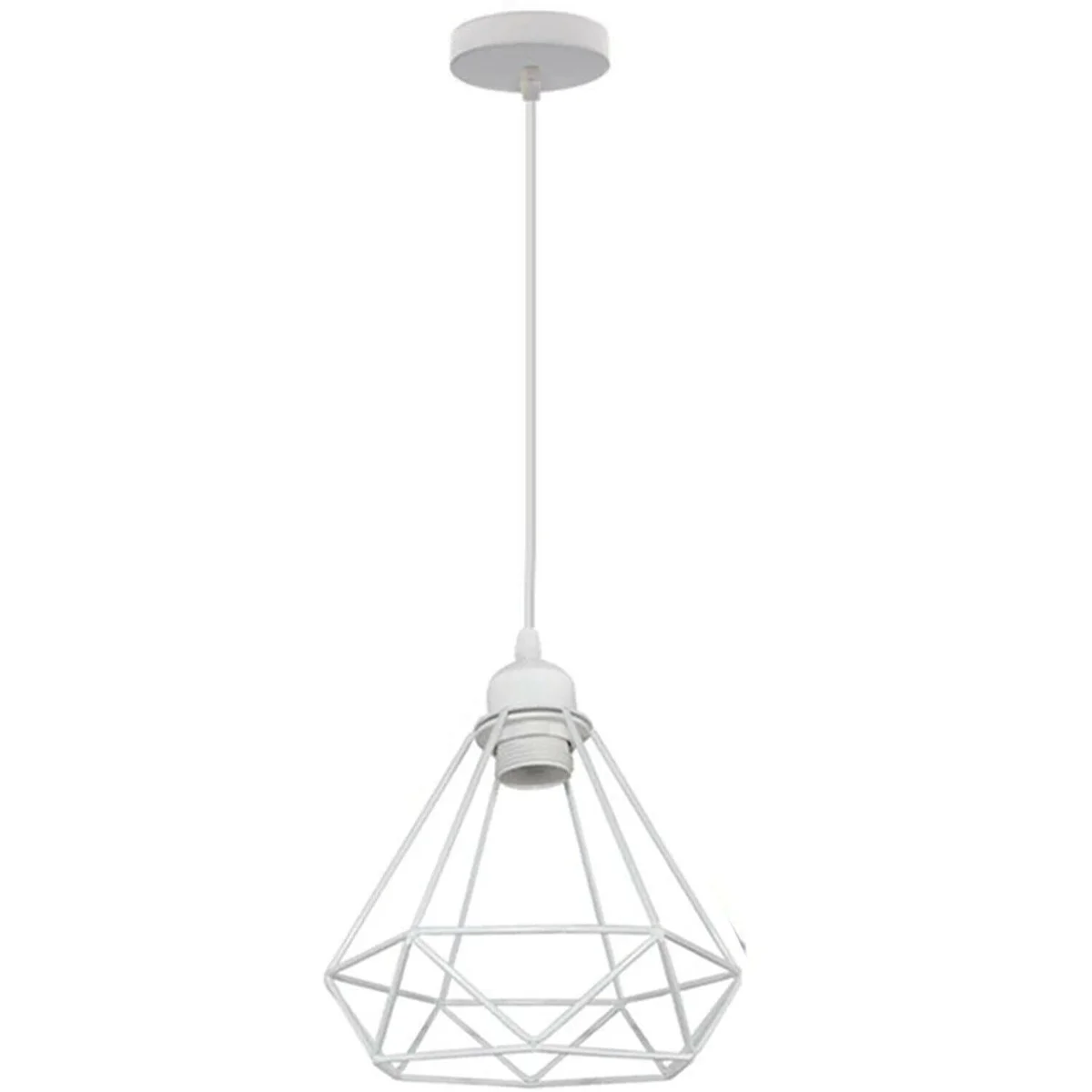 Vintage cage pendant light with white diamond‑shaped metal cage hanging from ceiling, lensless fixture, 3‑way option.