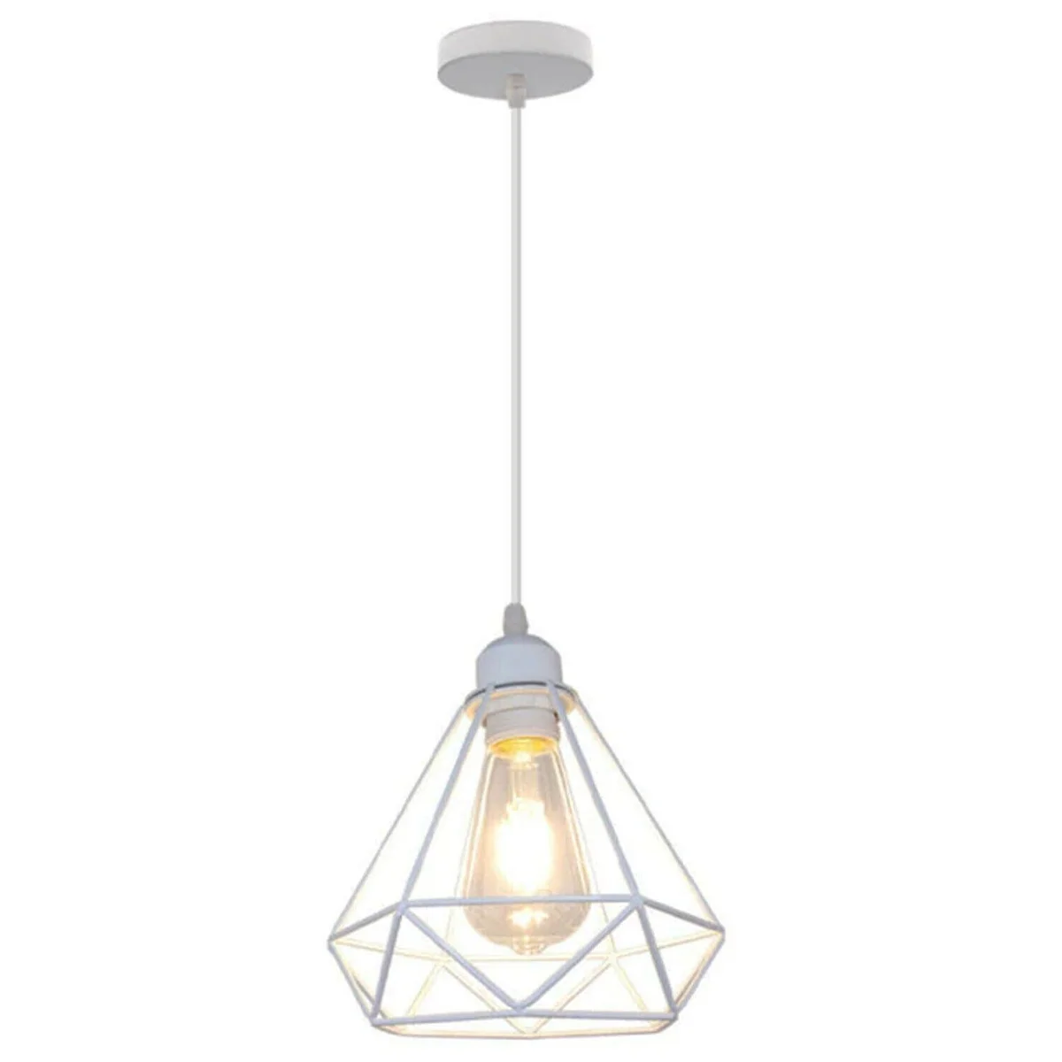 White geometric diamond cage vintage cage pendant light with 60W E27 base, suspended in a bright modern interior.