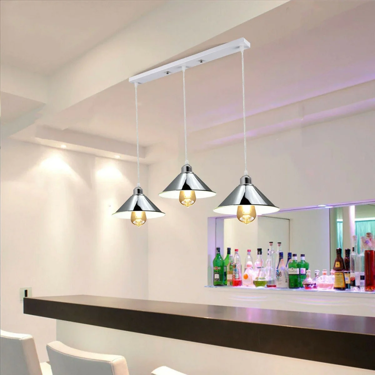 Modern industrial ceiling light: chrome metal cone-shaped pendant with three white shades, hanging with 95cm cable.