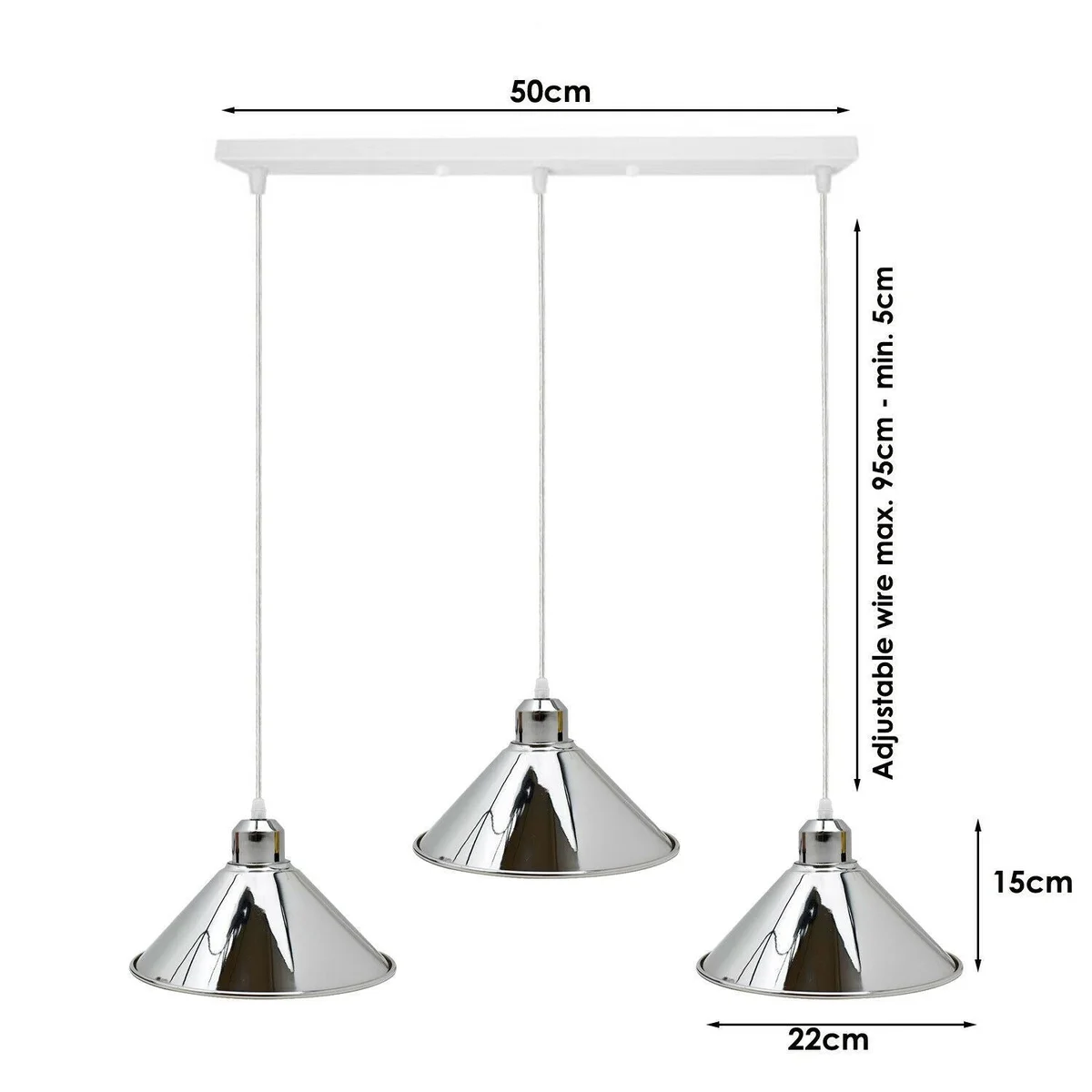 Chrome 3 way ceiling light with metal cone-shaped shades, 95cm PVC cable, white finish, 3 E27 holders.
