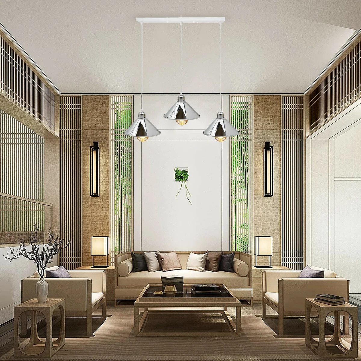 Chrome and white metal cone pendant hanging from ceiling with 3 clear cone shades, 95cm PVC cable