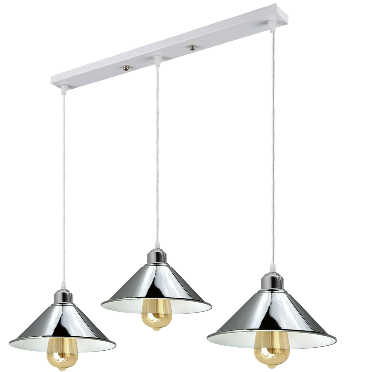 Indoor hanging light featuring a chrome metal cone shade with a white tray, three E27 lamp holders, and a 95 cm PVC cable.