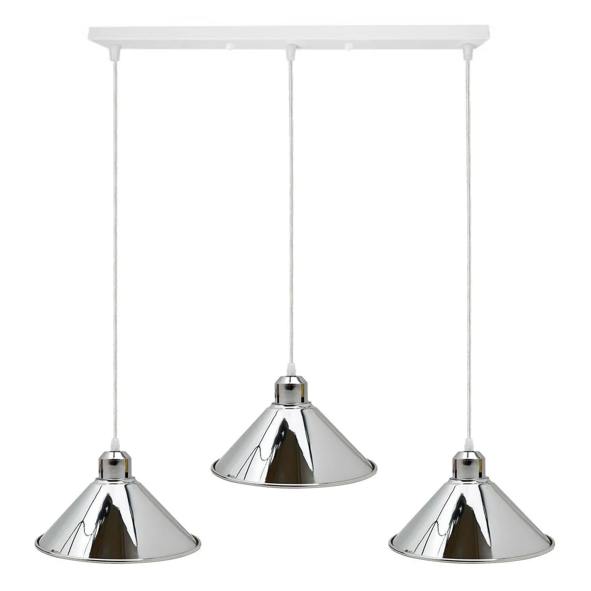 Industrial chrome three‑way ceiling pendant with white cone shades, metal body, PVC cable, E27 ceiling light base, 3 sockets