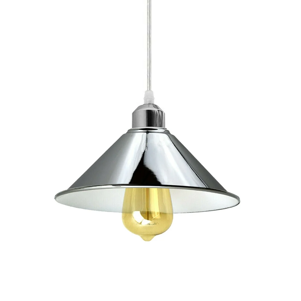 Modern industrial chrome ceiling light with 3 metal cone shades hanging from a 50cm plate, 95cm cable.