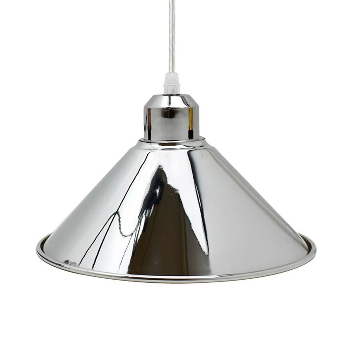 Modern industrial ceiling light with three chrome metal cone shades hanging from a white mounting plate, 95cm PVC wire.