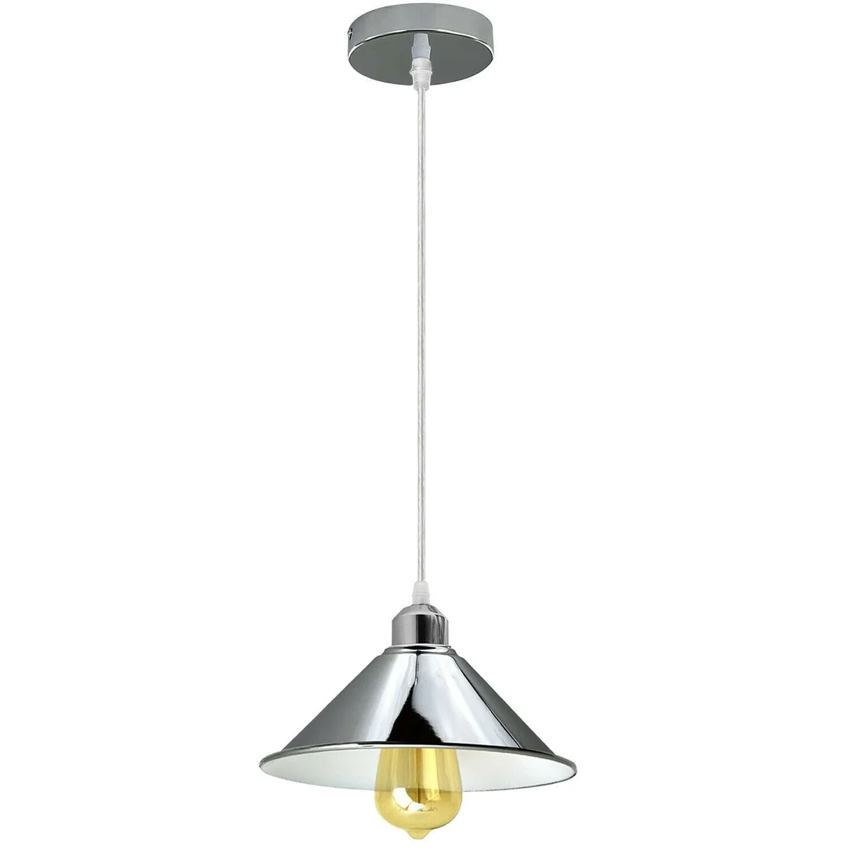 Chrome metal cone pendant light with clear PVC shade, hanging on 95 cm cable, E27 base, 22 cm shade diameter.