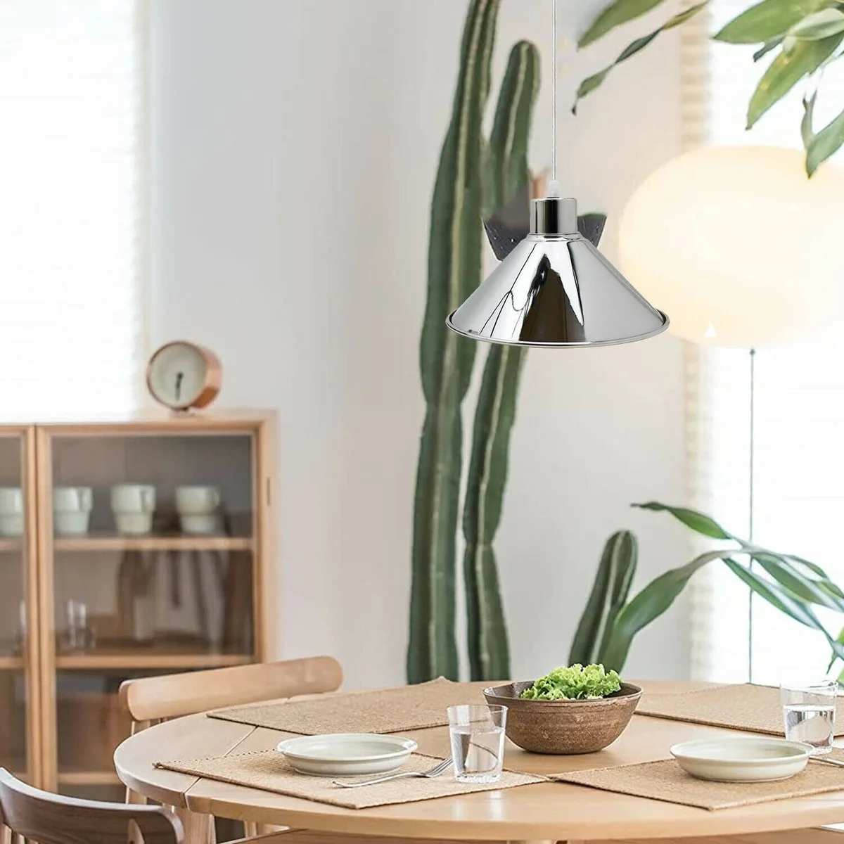 E27 bulb pendant lamp in chrome metal cone shade hanging on 95cm PVC cable