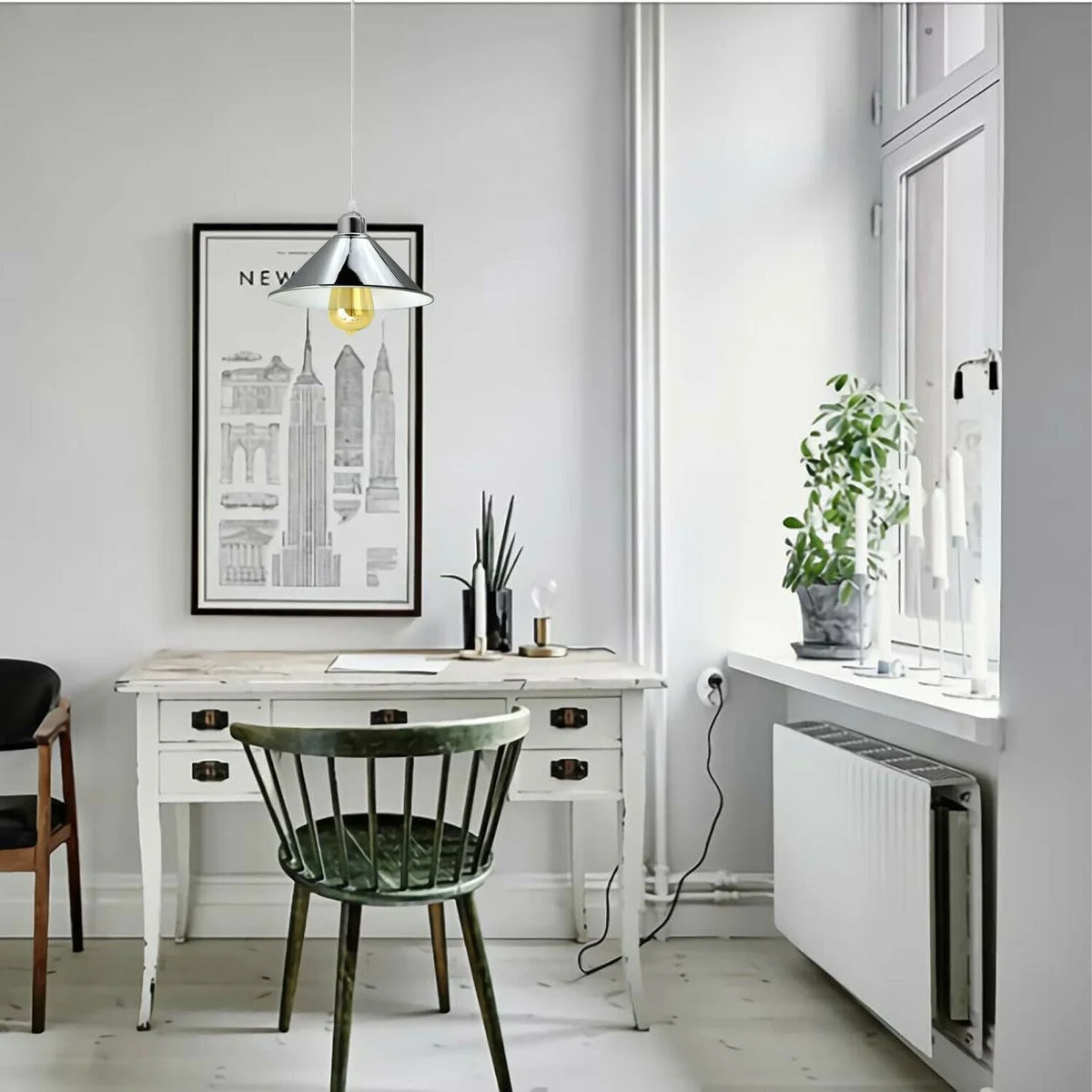 Chrome metal cone pendant lamp with clear PVC cable, 22cm shade, 95cm cable, indoor hanging light fitting