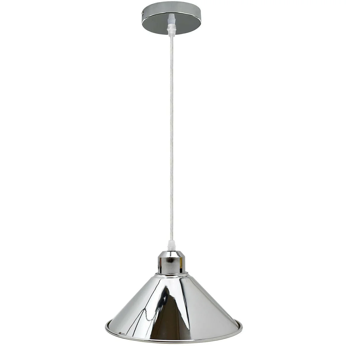 Modern ceiling light fixture with chrome metal cone shade and clear PVC cable hanging from a 10 cm wall plate