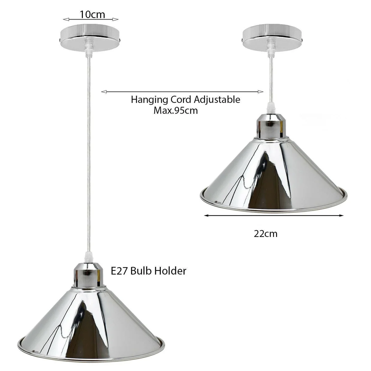 Chrome ceiling pendant light with clear metal cone shade, 22cm diameter, 95cm PVC cable, classic industrial style.