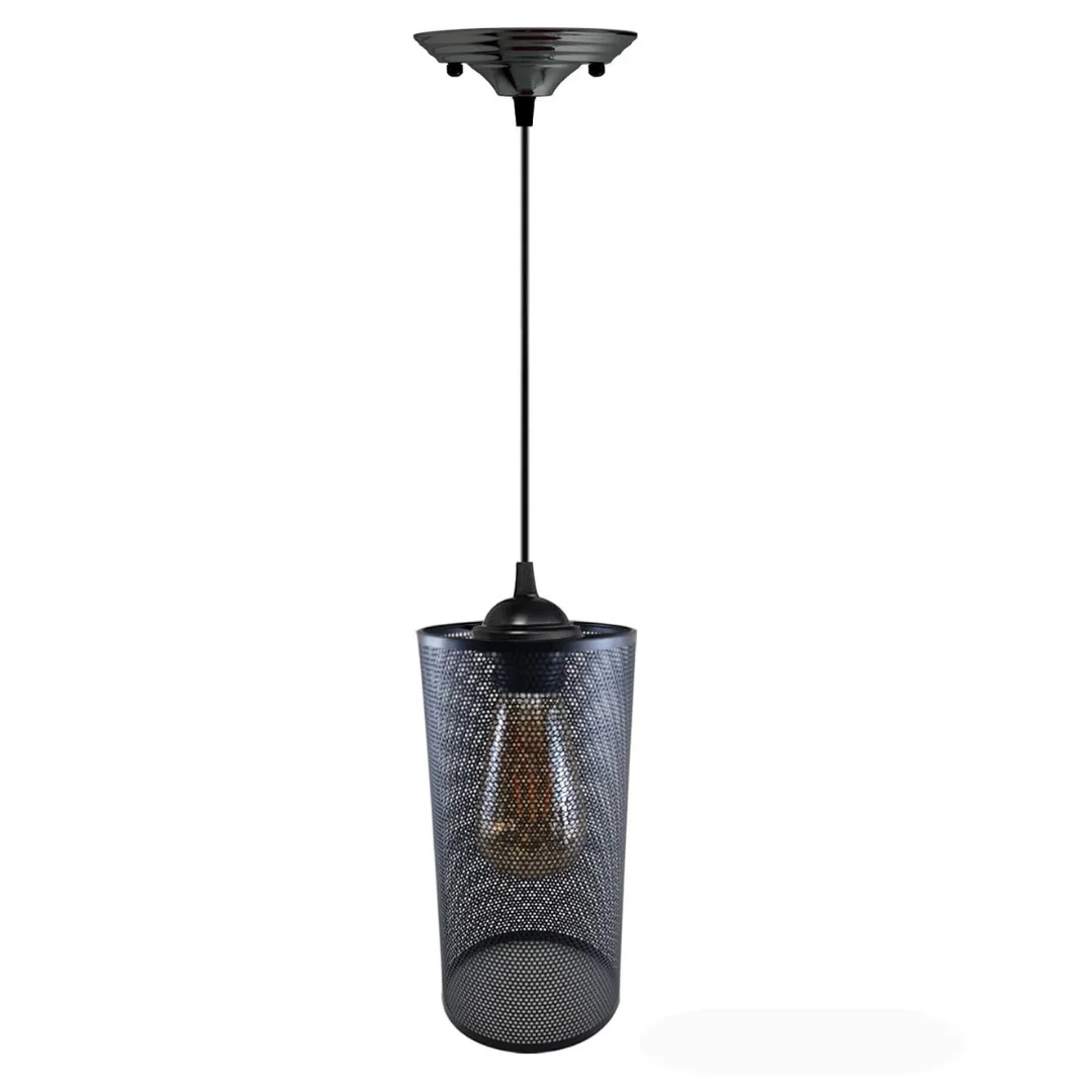 E27 pendant lamp with metal and PVC wire cage, black housing, 95cm cable, brushed copper finish, hanging from ceiling.
