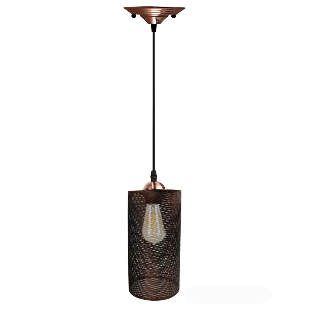 Industrial wire pendant light with metal drum cage and PVC cord, hanging from ceiling in black finish.
