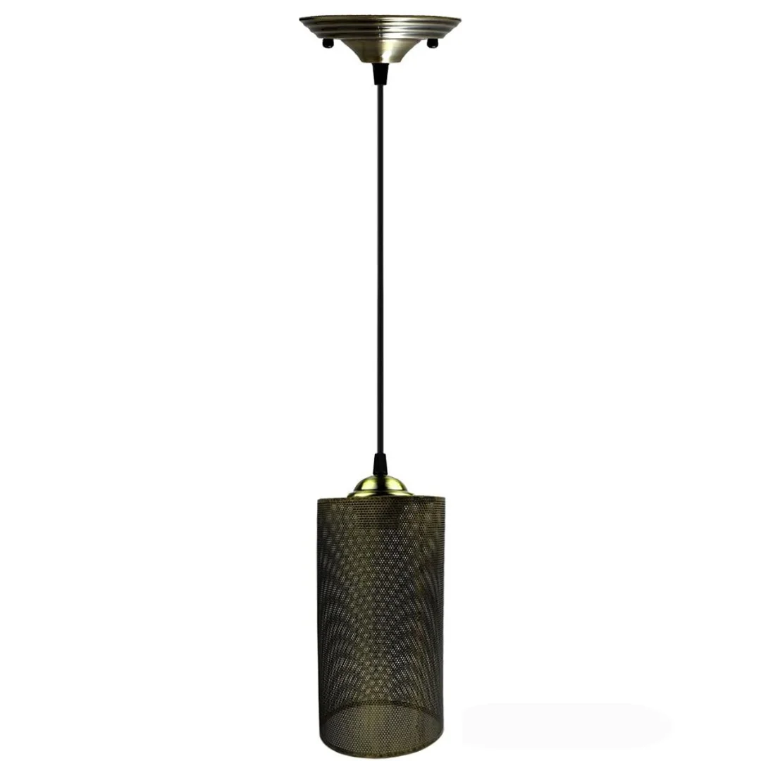 Industrial wire pendant light with metal drum cage, PVC cable and black finish hanging from ceiling.