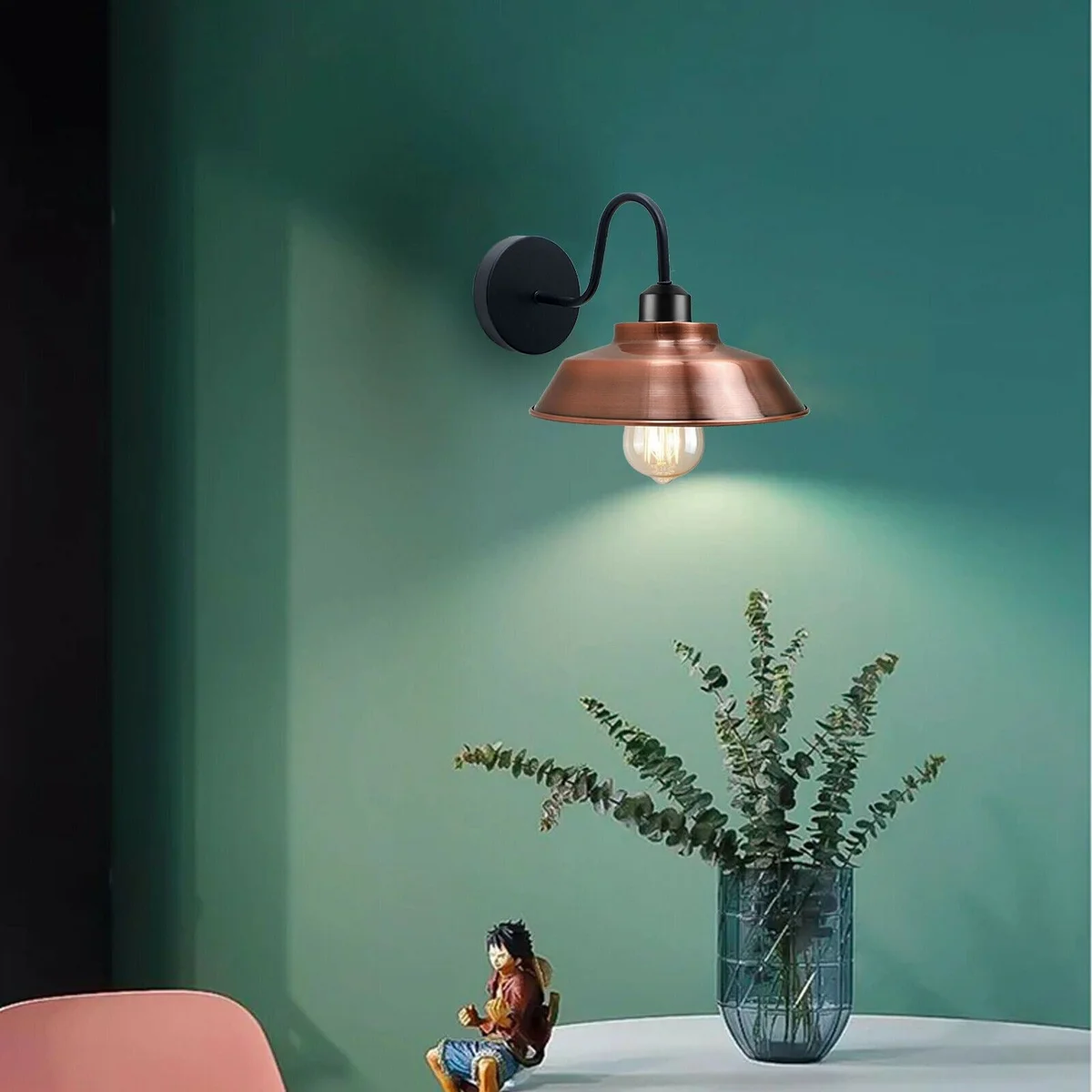 Rustic industrial wall sconce with gooseneck arm, dome shade, metal finish and black components, suitable for farmhouse interiors