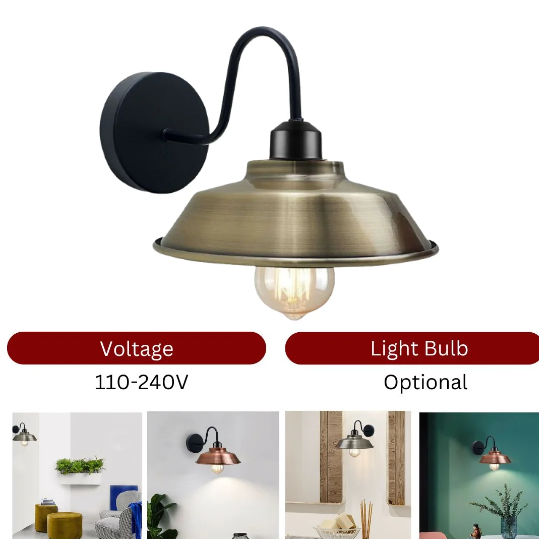 Rustic industrial gooseneck wall sconce with metal arm and dome shade, an E27 bulb wall light, mounted on wall.