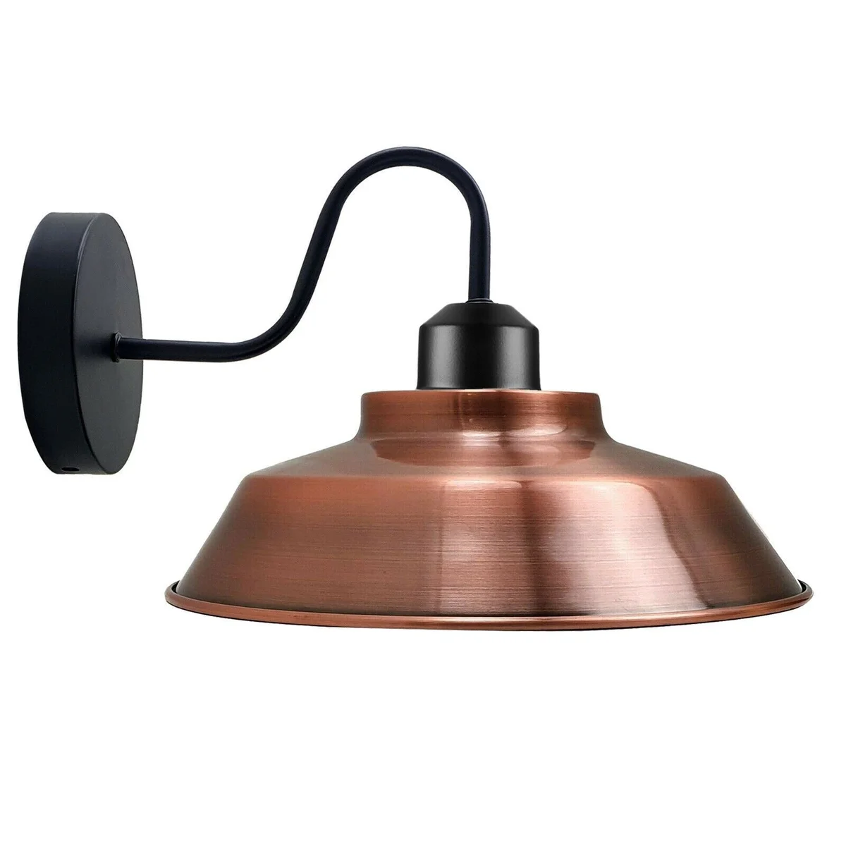 Rustic industrial wall sconce with curved gooseneck arm, dome shade, black mounting hardware, metal finish