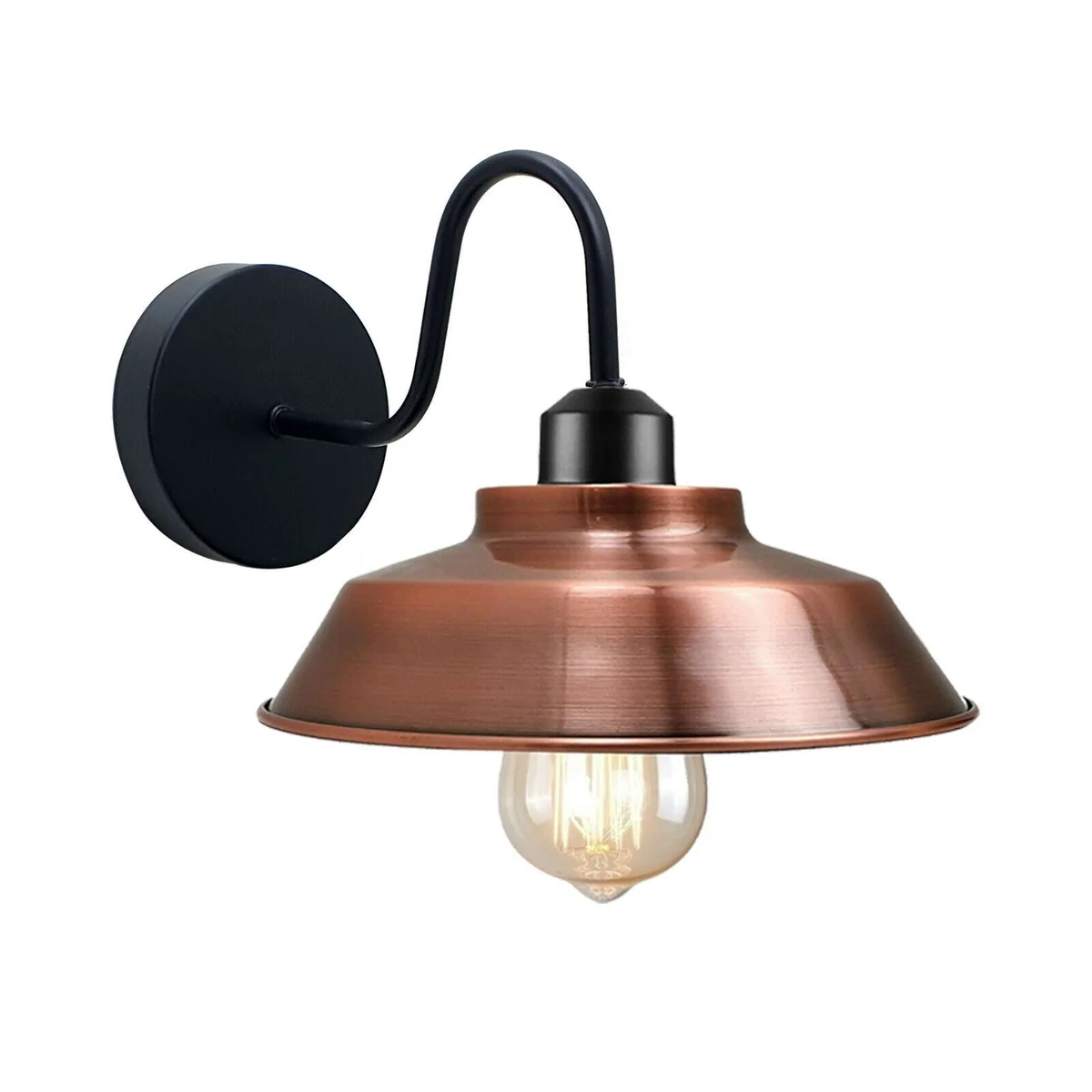 Rustic industrial wall sconce with black gooseneck arm and dome shade, wall mounted.