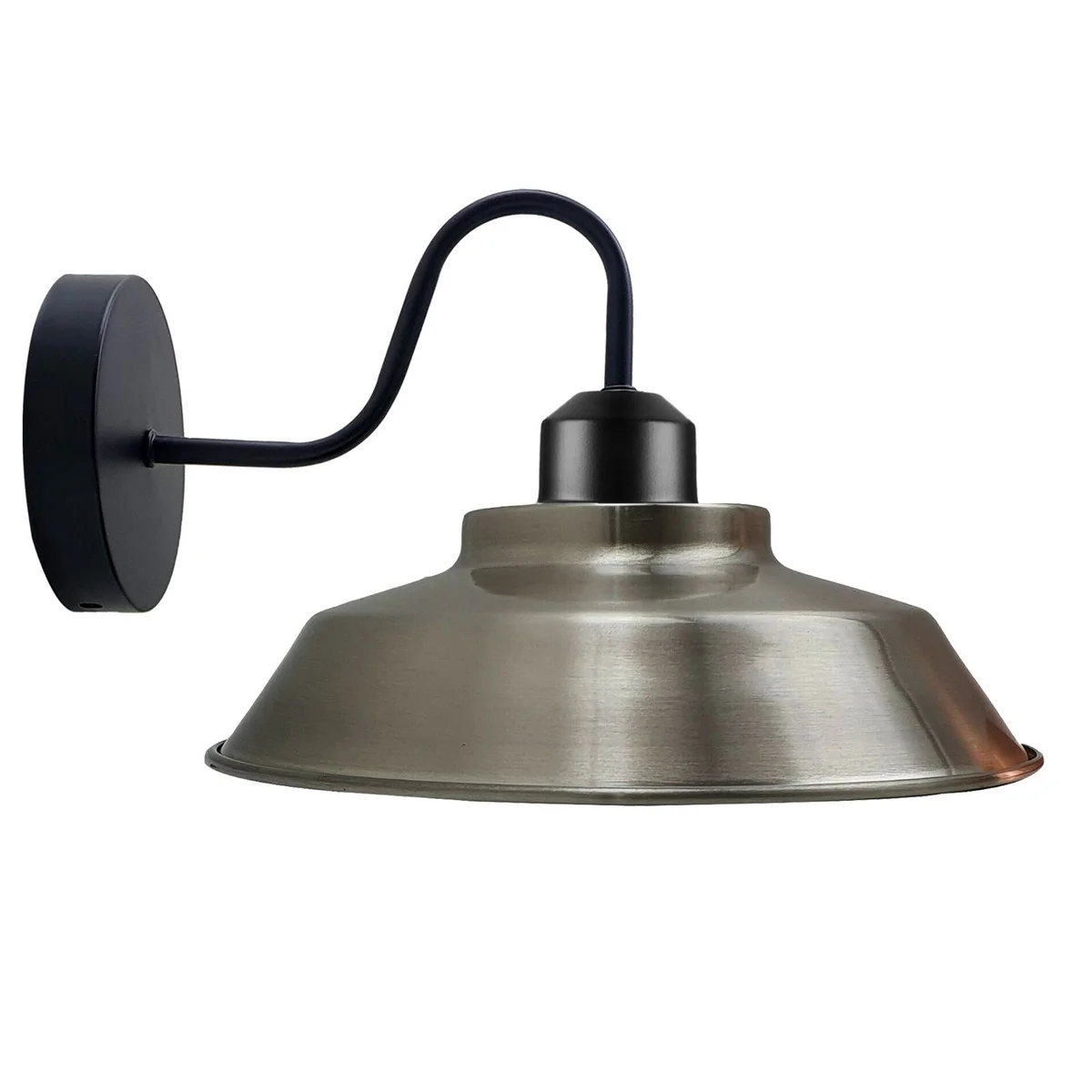 Rustic industrial wall sconce with curved gooseneck arm, metal dome shade, copper finish, wall‑mounted.