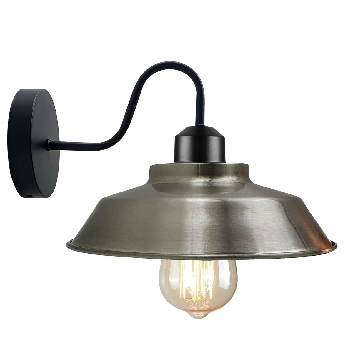 Rustic industrial wall sconce with curved gooseneck arm, dome shade, brushed metal finish.