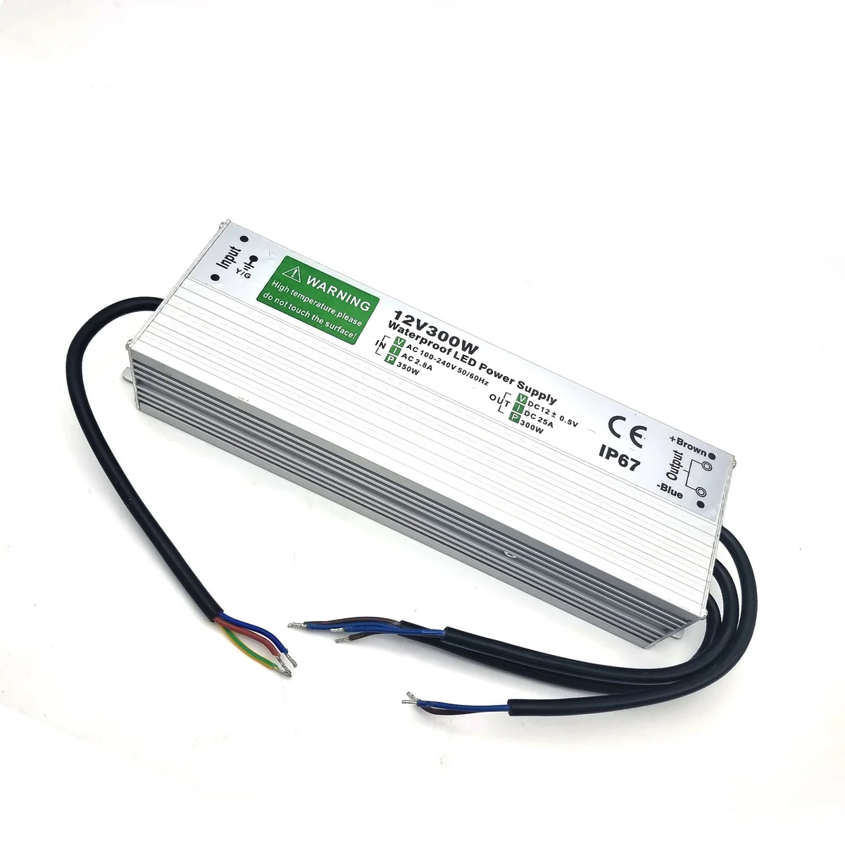 12V 300W LED driver in IP67 aluminium housing with single outlet, dimensions 120mm shown.