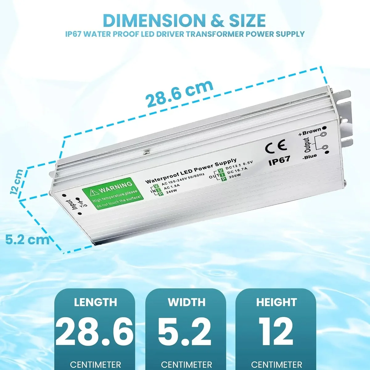 Aluminium alloy LED driver, single outlet, 12V power supply 25A, IP67 waterproof, compact rectangular case.